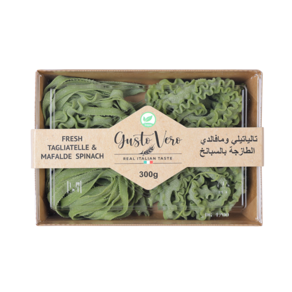 Fresh tagliatelle and mafalde spinach